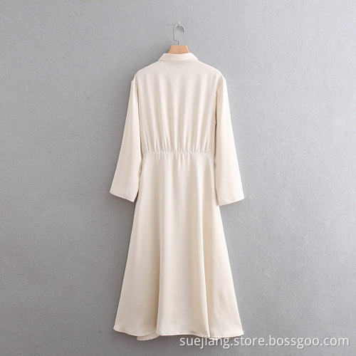 Long Women Casual Dress Creamy-white Dress with Buttons